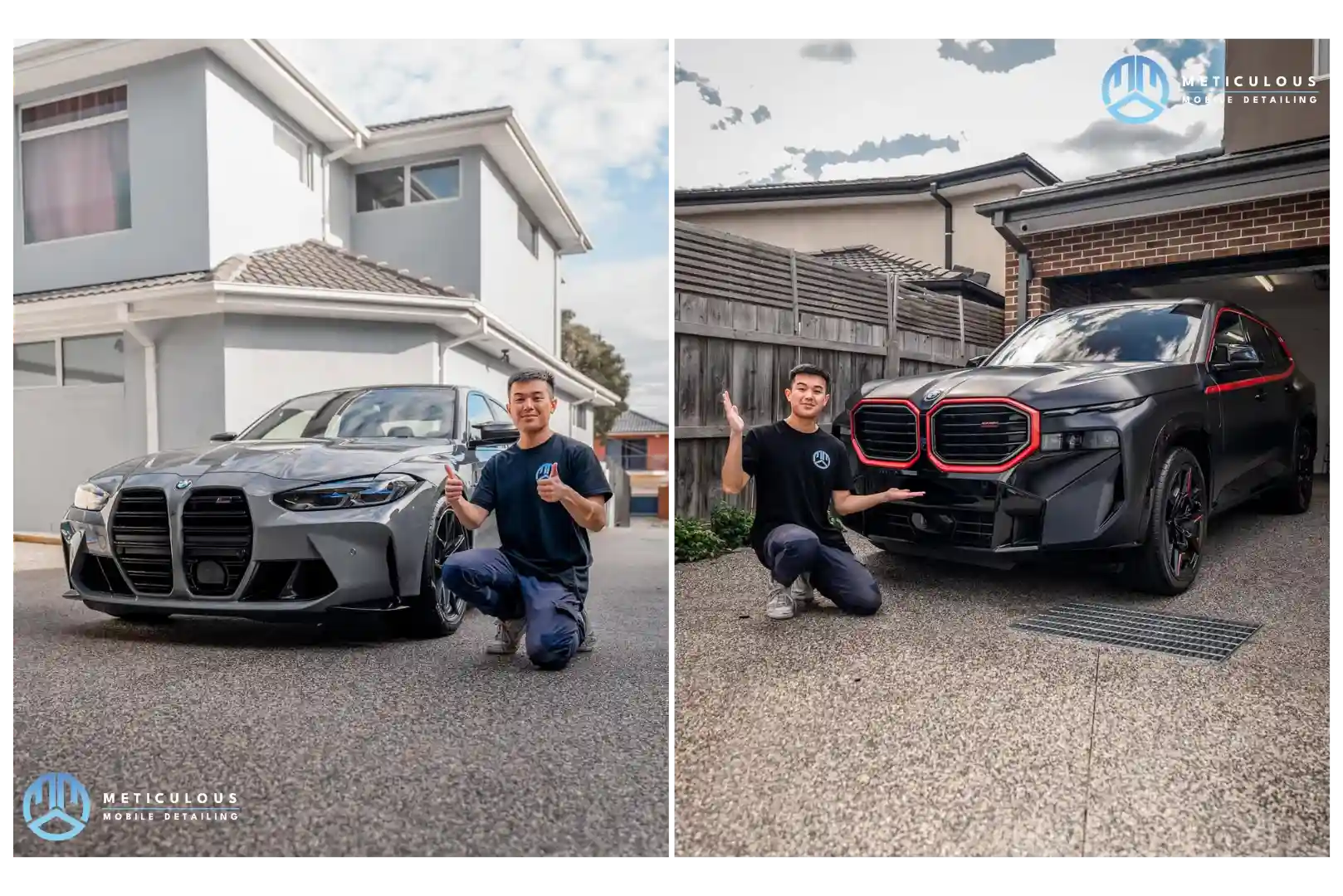 A split image showing a mobile detailing van on one side and a professional workshop on the other